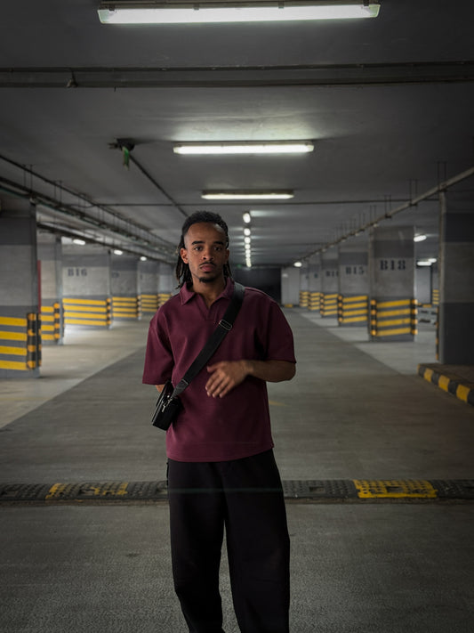 ( Burgundy)V-Notch Streetwear Polo